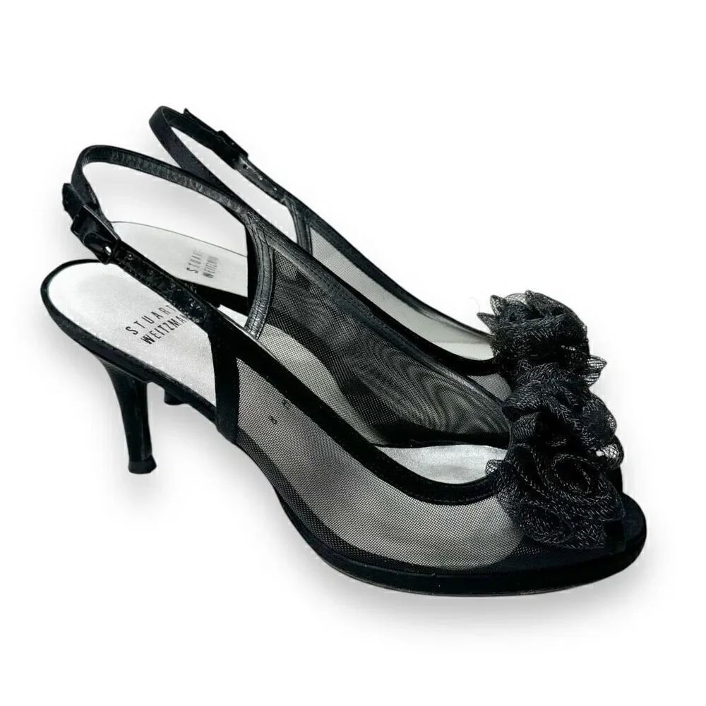 Stuart Weitzman Floral Mesh Ruffle Embellishment Slingback Pumps Black Size 8 M